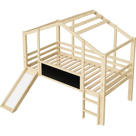 Lit mezzanine enfant 90 x 200 cm, design maison avec échelle de sécurité et toboggan de sécurité, avec tableau à craie, lit multifonction en bois massif, lit simple, couleur bois (1/5)