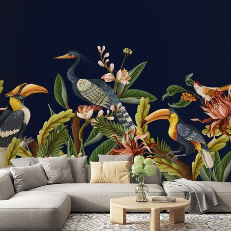Papier peint panoramique - Fleurs Oiseaux - 130 cm x 104 cm (1/4)