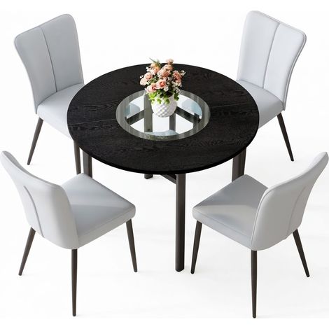 ELVMI Set Tavolo e Sedie con 1 Tavolo Rotondo e 4 Sedie, MDF, Vetro, Metallo e PU, Nero e Grigio Chiaro (1/5)