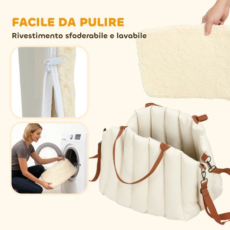 Siège auto pour petit chien avec laisse et base antidérapante, convertible en sac de transport, couleur crème. (1/4)