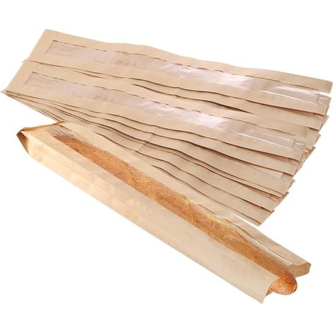 Confezione da 50 sacchetti di carta kraft per baguette, 58,4 cm x 10 cm x 4,1 cm, con protezione antivento trasparente.