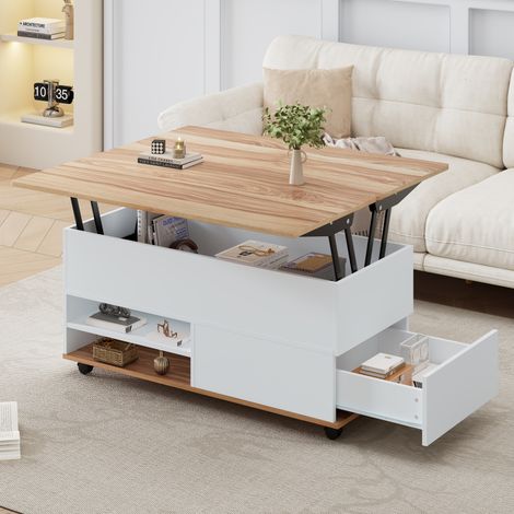 Pour le salon, plus de rangement avec cette table basse relevable à roulettes, avec tiroir et placard