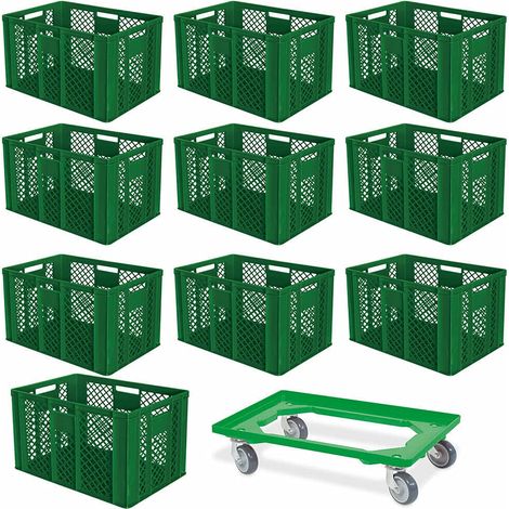 BRB 10er SPAR-Set Euro-Stapelbehälter PLUS Transportroller, 600x400x410 mm Industriequalität lebensmittelecht grün