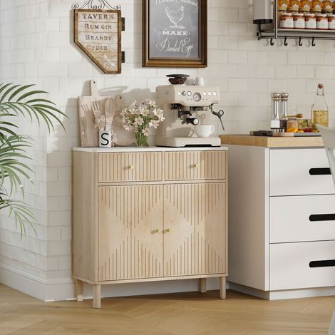 Buffet, meuble de rangement cannelé avec plateau effet marbre, 2 tiroirs, 2 portes, étagère réglable, 77x30x80cm, chêne (1/5)