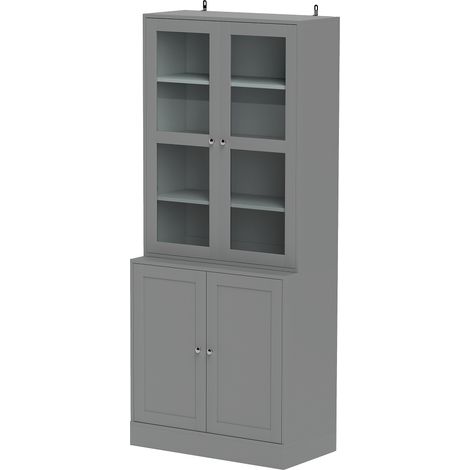 6-stöckiges Bücherregal mit Glasfront, 4 Türen (2 aus Sicherheitsglas), verstellbaren Einlegeböden, grau