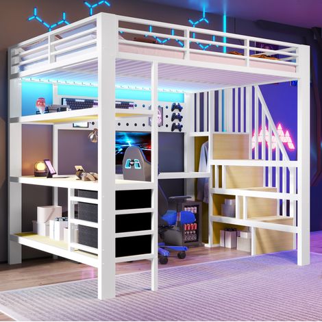 Cama alta con escritorio y almacenamiento LED blanca OKMYHOME (1/5)