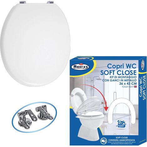 COPRI WATER WC SOFT CLOSE BIANCO KIT DI MONTAGGIO CON GANCI INOX EXTRA RESISTENTE CHIUSURA AMMORTIZZATA (1/2)