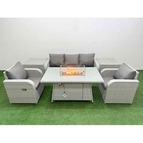 Fimous PE Rattan Garden Furniture Set Reclining Chair Sofa Lounge Sofa Set Firepit Dining Table 2 Side Table Light Grey (1/4)