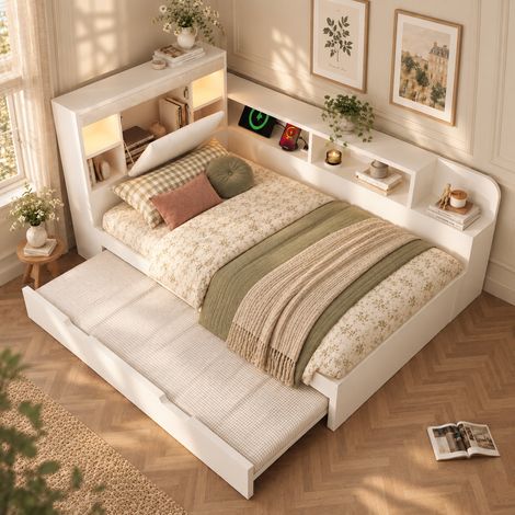 Canapé-lit banquette multifonction 90x200 cm avec lit gigogne et sommier à lattes, cadre en bois, lampes de lecture, prises USB et tête de lit simili cuir, blanc, sans matelas (1/5)