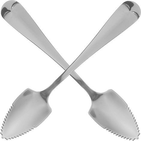 Set aus 2 Obstlöffeln aus Edelstahl mit langen, gezackten Griffen, Grapefruit- und Dessertlöffel, Kaffeelöffel – Silber (1/4)