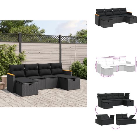 6-tlg. Garten-Sofagarnitur mit Kissen Schwarz Poly Rattan - Gartengestell - Gartenmöbel Set - Outdoor Lounge - Rattan Sessel - Gartenlounge (1/4)