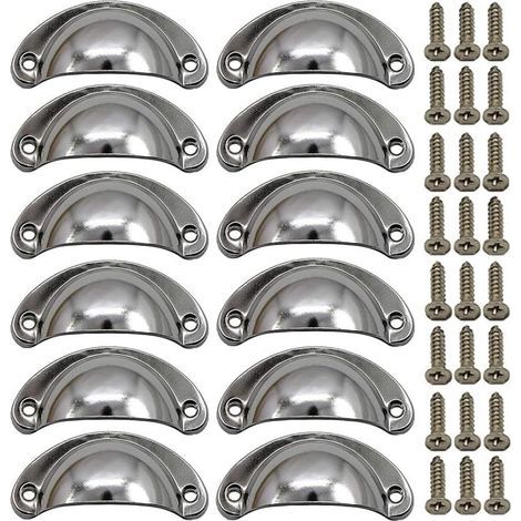 Set of 12 vintage seashell handles for dressers and kitchen cabinets, half-moon shape, 8.1 cm x 3.5 cm, silver (1/5)