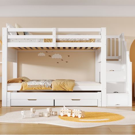 Lit mezzanine 90x200 cm avec lit gigogne, armoire, escalier rangement et 2 tiroirs blanc OKMYHOME (1/5)