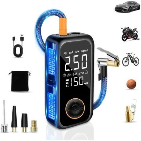 Gonfleur Pneus Voiture Sans Fil,8000mAh Mini Compresseur à Air Portatif,150PSI Pompe a Velo Electrique avec écran LCD numérique et lampe de poche LED