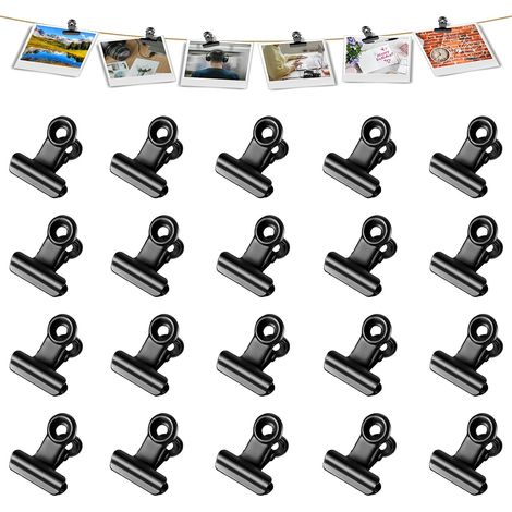 Lot de 20 pinces bulldog noires 22 mm, pinces métalliques pour emballage alimentaire, mini pinces photo, petits trombones et pinces à reliure. (1/5)