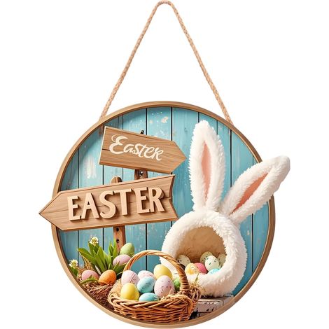 Panneau De Porte De Pâques - Panneau En Bois Ronde Avec Lapin Et Œufs - Décoration Murale Ou De Porte - 20 X 20 X 0,5 Cm - 1 Pièce (1/5)