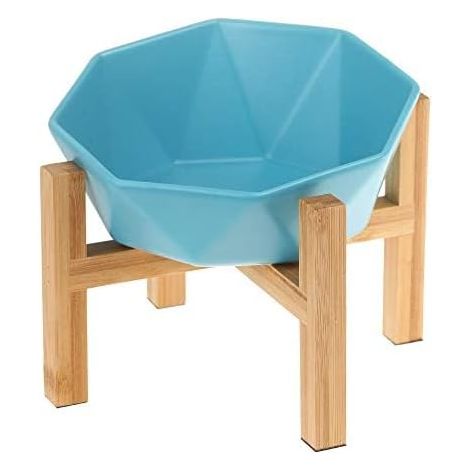 Gamelle incliné bleu pour Chien et Chat Céramique avec Support en Bambou