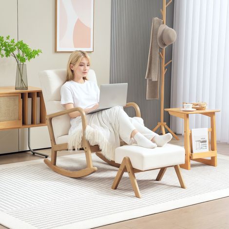 Schaukelstuhl mit Hocker 65x96x94.5 cm Cremeweiß aus Polyester mit 35°-Schaukelbewegung (1/5)
