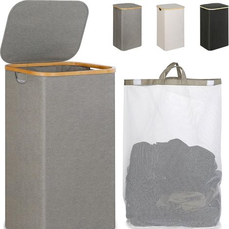 Cesto para la ropa con tapa, 100 l, grande, con asas de bambú, plegable, XXL, con bolsas de tela Oxford extraíbles, gris