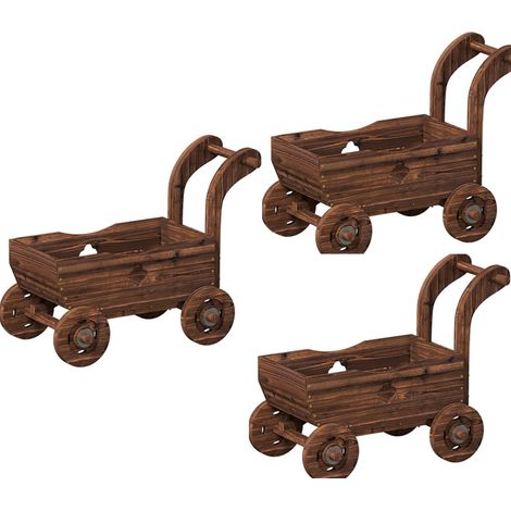 3er-Set hochbeet Holz, Pflanzbeet in Wagenform Frühbeet mit 4 Rädern Griff Gartenbeet 68 x 38 x 52cm
