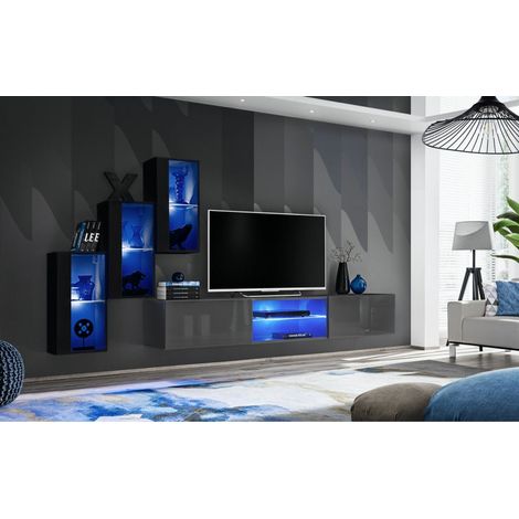 Ensemble meuble TV mural Switch XXII - L 240 x P 40 x H 170 cm - Noir et gris - Livraison gratuite