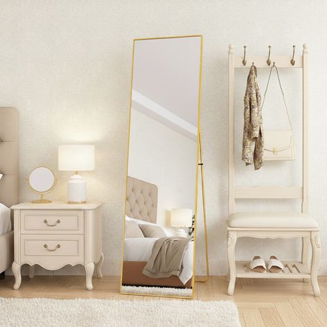 Miroir sur Pied 140x40 cm, Rectangulaire, Grand Miroir Mural avec Cadre Aluminium Multi-Fonction Suspendu/Posé/Appuyé, pour Salle de Bain, Chambre, Entrée ou Salon, Doré (1/5)