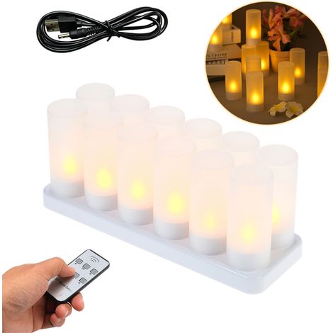 Velas LED recargables, sin llama y con efecto parpadeante, juego de 12, en vasos esmerilados, color amarillo (12 unidades) (1/5)