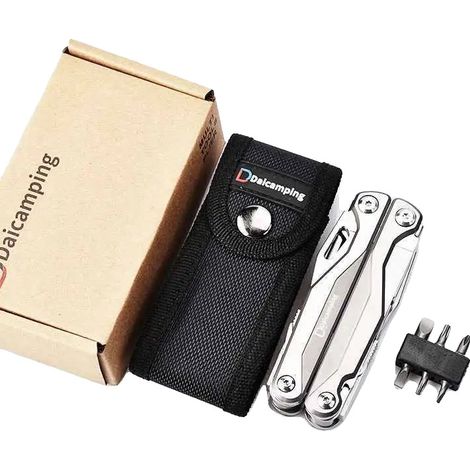 Herramienta multifuncional de supervivencia y caza, alicates con clip y cortador adicional, acero inoxidable duradero, diseño plegable, DL7 con broca. (1/2)