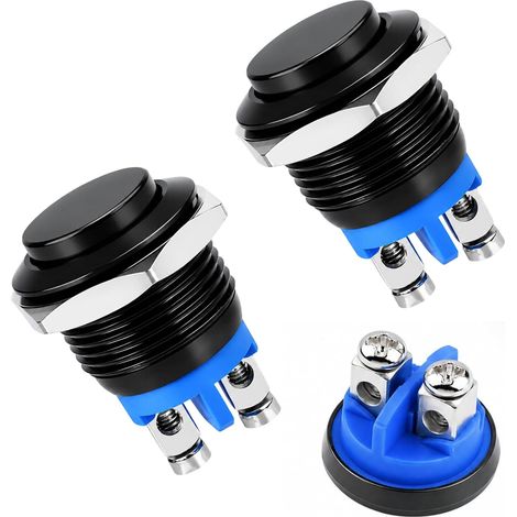 Lot de 2 Interrupteur À Bouton-Poussoir Momentané 12V Étanche 16mm Noir Métal, 1A 220V IP20 Antirouille, Fixation À Vis Sans Soudure, Pour Voiture Moto Bateau Bricolage Électronique (1/5)
