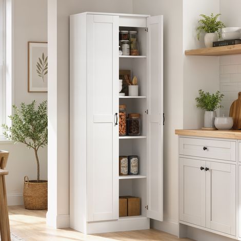 Meuble de rangement de 175 cm avec espace de rangement, meuble de cuisine avec portes à fermeture amortie et étagères réglables, blanc (1/5)