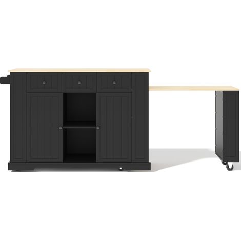 Mobile Kücheninsel aus schwarzem MDF mit Klapptisch, EU-Steckdosen und USB, 138x55x93 cm (1/5)