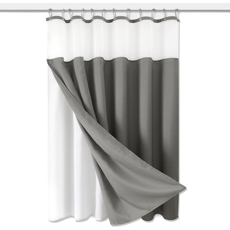 1 Rideau de douche, sans crochets, tissu lin texturé, doublure à clipser, gris, pour salle de bain (1/5)