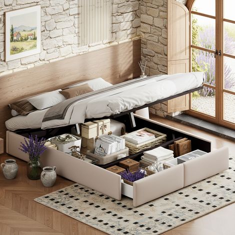 Cama con arcón hidráulico 140 x 200 cm, cama de matrimonio con 2 cajones y somier de lamas, tapizada en lino, estilo nórdico, beige (1/5)