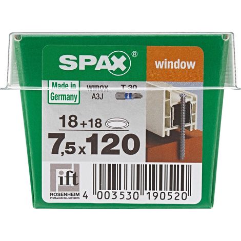 SPAX Lot De 18 Vis Acier Tête Fraisée Torx Spax, Diam.7.5 Mm X L.120 Mm (1/4)