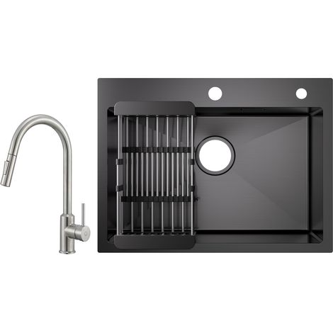 Cecipa 60×45×18 cm Lavello da Cucina Nero - Lavello a 1 Vasca con Cestello di Scarico + Miscelatore da Cucina con Doccetta Estraibile - 2 Modalità di Uscita dell'Acqua (1/5)