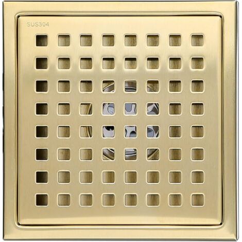 1 Stk. Duschrinne Gold Edelstahl Quadratisch 15x15cm Duschablauf Bodenablauf Siphon mit Bodenablaufabdeckung, Geruchsneutralisierender Kern aus Messing, Gebürstetes Gold (1/5)