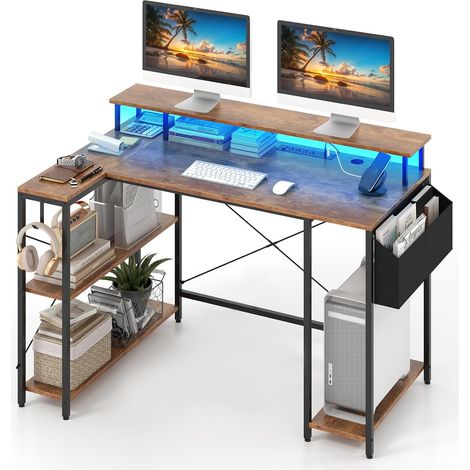 Costway – Bureau d'angle 120 cm avec éclairage LED – 4 prises secteur et 2 ports USB – Support d’écran ergonomique – Rangement pratique (Marron Rustique) (1/5)