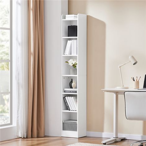 Yaheetech Libreria a 7 Ripiani, Scaffale Stretta e Alta in Legno con Ripiani Regolabili, 30 x 24 x 183 cm, Libreria Verticale Stretta e Alta, Salvaspazio per Soggiorno, Cameretta, Ufficio, Bianco
