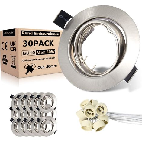 Lot de 10 Cadres pour Spots Encastrables - Diamètre de 68mm - Acier Inoxydable Brossé - Douille GU10 pour Ampoules LED ou Halogènes - Rotation à 30° - Design Circulaire