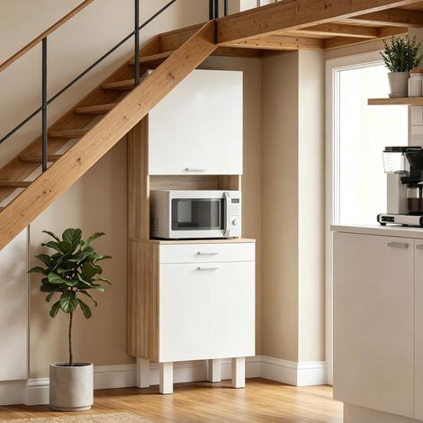 Armadio alto salvaspazio per cucina, buffet con 2 porte, cassetto e piano di lavoro, 55x40x174 cm Bianco legno naturale (1/5)