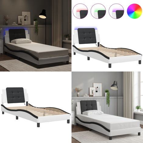 Cadre de lit avec LED sans matelas blanc et noir 100x200 cm - Lit Plateforme - Lit Design - Cadre Lit - Lit Avec Éclairage Led - Tête De Lit Rembourrée - Home & Living (1/5)