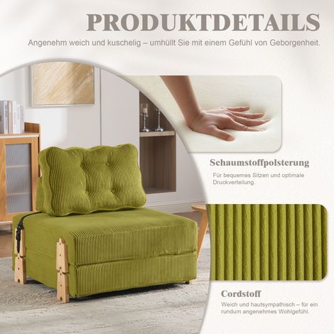 Ein bequemer Sessel im modernen skandinavischen Stil aus Cord – ein ausklappbares Schlafsofa ein klappbares Einzelsofa mit Holzbeinen, ideal für kleine Wohnungen und Schlafzimmer(Fruchtgrüner Cord) (1/5)