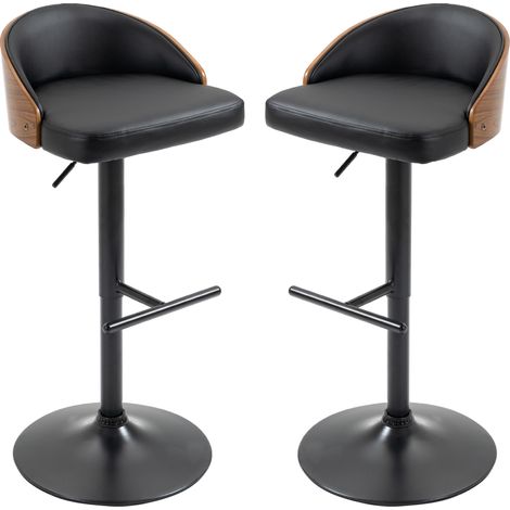 Tabourets de bar réglables en hauteur pivotants 360° noirs et café, acier et bois, avec repose-pieds, lot de 2