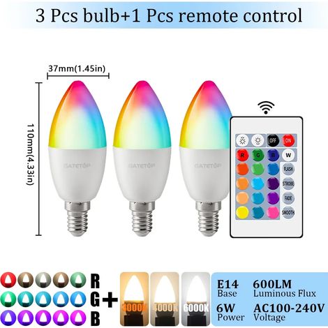 Lampes de croissance pour plantes Ampoule LED E14 (RGB 3000K, lot de 3, AC 100-240V) avec télécommande 24 touches, intensité variable, 6W et changement de couleurs, idéale pour chambre ou salon. (1/5)