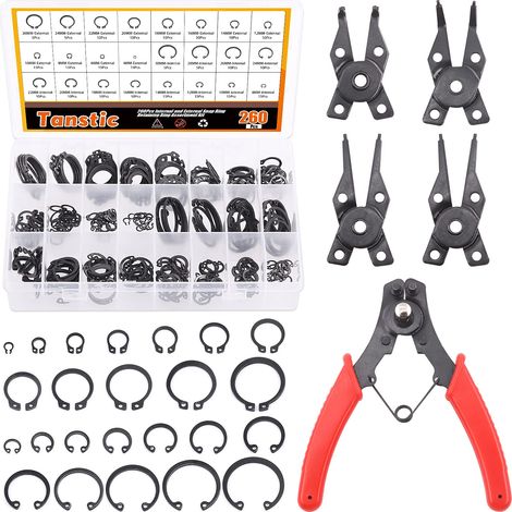 Lot de 261 pinces à circlips avec anneau à clipser, une pince 4 en 1 avec 260 anneaux de fixation internes et externes (1/5)