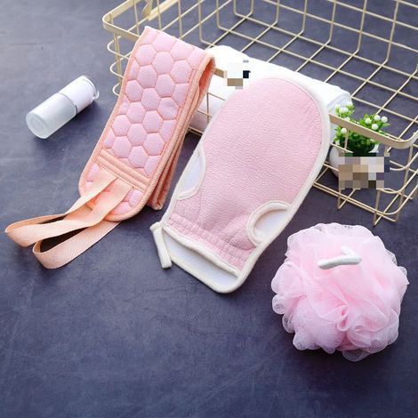 Two sets available: back shower set, shower belt, shower gloves, back massager, suitable for both men and women, scrubbing towel, bath sponge, extra thick set, back scrubbing towel, pink. (1/5)