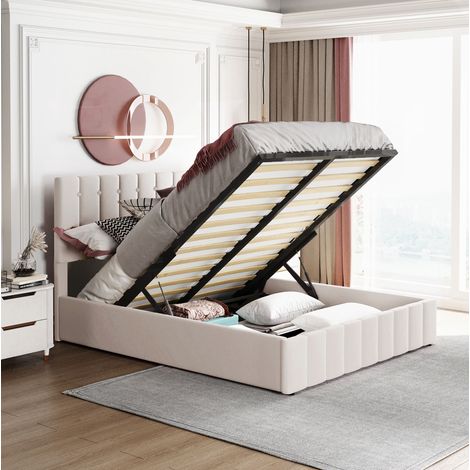 Letto imbottito moderno 140x200 cm con contenitore sollevabile, testiera regolabile, rete a doghe in metallo, velluto crema (1/5)