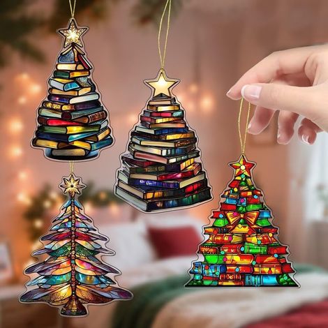 Lot de 4 décorations de Noël en acrylique - Livre et cadeau - Décorations à suspendre pour sapin de Noël (1/3)
