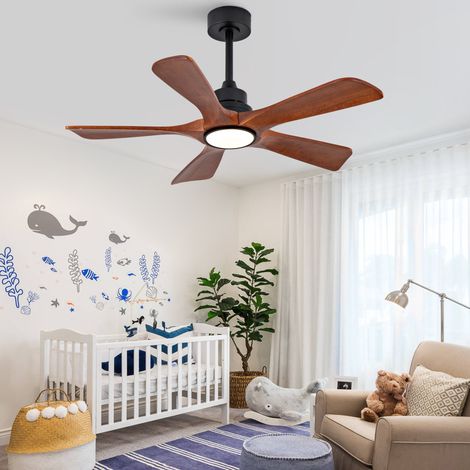 Ventilador de techo con luz, mando a distancia, 5 aspas de madera, motor DC silencioso, nogal y negro (1/5)
