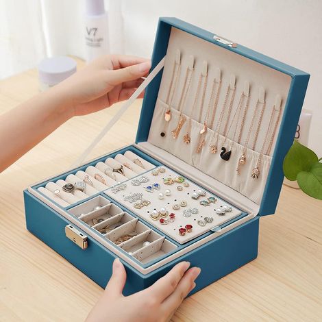 Boîte à bijoux (verte) pour femme, boîte à bijoux de voyage en cuir verrouillable, organisateur de bijoux à 2 niveaux, petit coffret de rangement pour bijoux (1/5)